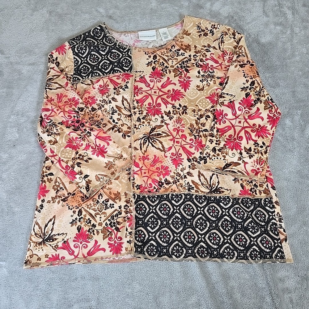 Alfred Dunner Blouse Womens Large Multicolor‎ Floral Patchwork 3/4 Sleeve Casual